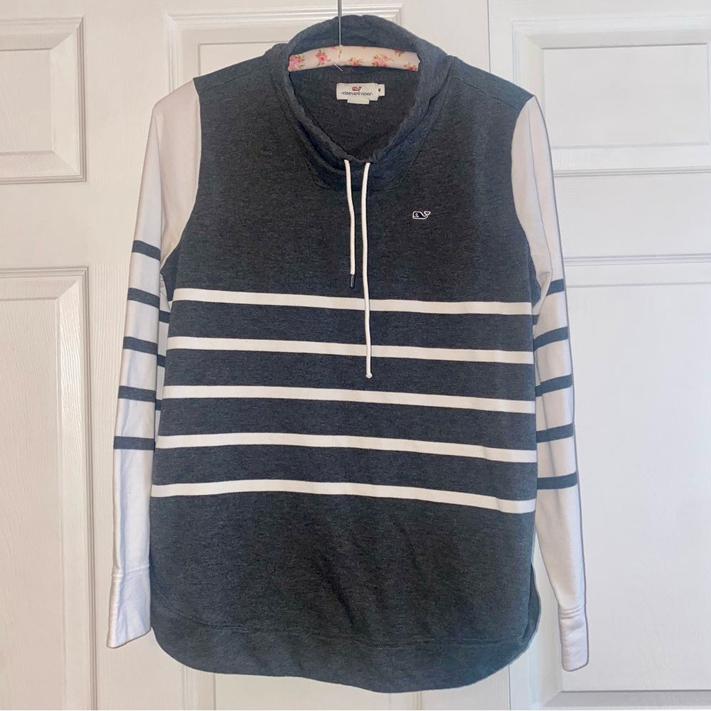 Vineyard Vines Women’s Charcoal and White Striped Cowl Neck Sweatshirt